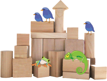 a set of blocks a cartoon chameleon, frog, and birds atop