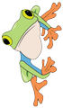 A green frog clinging to the left side of the page