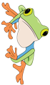 A green frog clinging to the right side of the page
